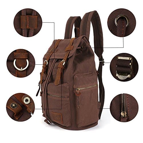 YUHAN Canvas Backpack Unisex Vintage Casual Rucksack Laptop Daypacks Schoolbag Student Bookbag Satchel Hiking Camping Bag Coffee — view 5