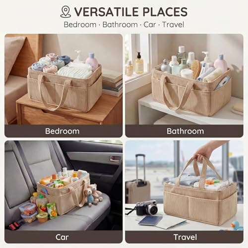 Baby Diaper Caddy Organizer for Changing Table, Portable Corduroy Nappy Storage Basket with Handle, Newborn Essentials Must-Haves, Baby Shower Gifts for Boys Girls Nursery Car Storage Bag(Khaki) — view 5