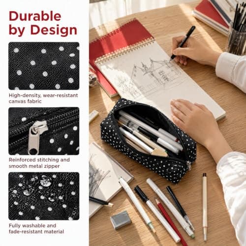 Polka Dot Multi Compartment Pencil Case, Canvas Stationery Storage Pouch — view 6