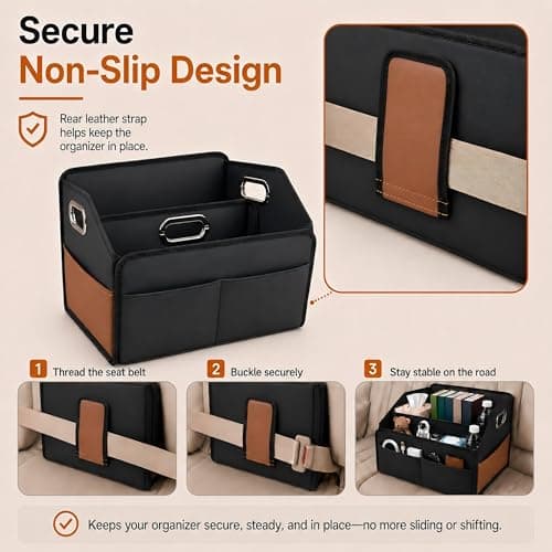 Noaman Car Organiser - 2025 Upgraded Leather Car Storage Organiser for Front Back Seat or Floor with 3 Metal Handles 6 Apartments, Multipurpose Car Caddy Organisers and Storage Black — view 3