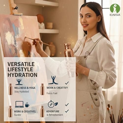 Ignisia Copper Water Bottle 34oz - 100% pure copper water bottle for drinking | eco-friendly | lab tested | Leak-Proof | Handcrafted Ayurvedic for Health & Wellness Hammered — view 3
