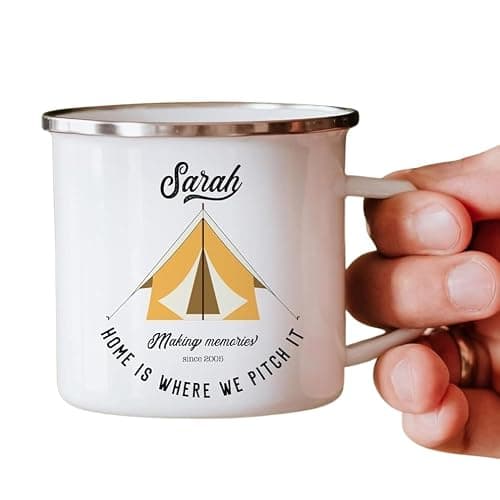 Tent Enamel Camp Mug | Personalised Camper Gift | His and Hers | Couple Travel Present | Accessories Camping | Home is Where We Pitch It