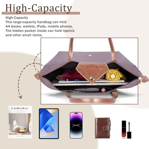 BOJLY Tote Bags for Women Stylish Waterproof Nylon Ladies Shoulder Bag Top Handle Handbag Folding Beach Travel Bag for Work,Shopping, School Pale Lavender Large — view 6