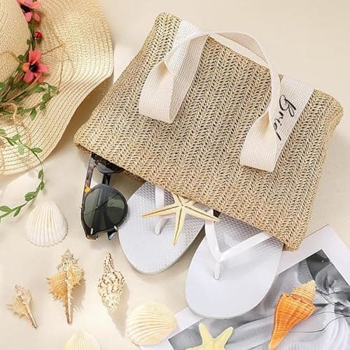 Ameble Lightweight Waterproof Boho Woven Bride Beach Bag with Lace Bow, White Crochet Tote Purse for Vacation, Honeymoon, Summer Travel, Bridal Shower Accessory — view 2