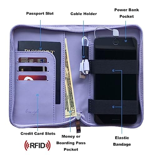 Phone Charging Passport Holder - Travel Wallet with Removable Power Bank holds money, cards, phone, travel docs- RFID Blocking - Compatible with All Phones - Travel Accessories, Lavender, Phone — view 2