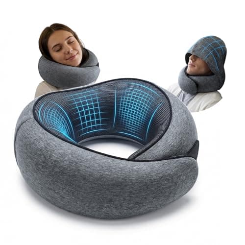 Cilnos Travel Pillow with Light Blocking Hood, Memory Foam Neck Pillow with 360° Ergonomic Support, Hooded Flight Pillow for Plane, Car & Home, Travel Neck Pillow for Adults & Kids (Dark Gray)