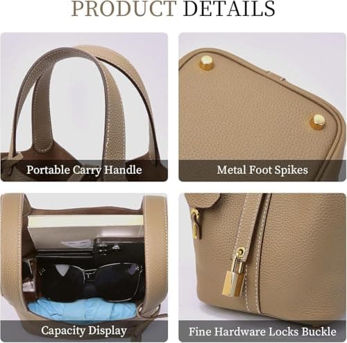 Ladies Handbag - Bucket Bag,Vegetable Basket Shoulder Bag for Travel,Commuter & Student Genuine Leather Design Bucket Bag,Fashionable and Versatile Shoulder Handle Bags Bucket Bags for Women (Grey) — view 5