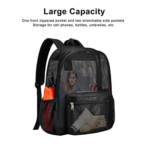 Ycauty Mesh Backpack - Heavy Duty Lightweight Large Capacity Washable See Through for Swimming Beach Sports (Black) — view 6