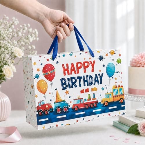 Birthday Gift Bag for Boy Girl,Construction Vehicle Them,32x 22 x 12CM — view 3