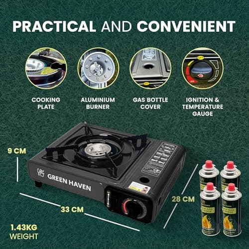 GREEN HAVEN Camping Stove Bundle – Portable Gas Stove, Camping Kettle & 4 Butane Gas Canisters | 2100W Gas Cooker with Carry Case | EN417 | Camping Gas Stove with Auto-Ignition, Adjustable Flame — view 5