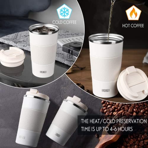 HASAGEI Travel Mug, Insulated Coffee Cup with Leakproof Lid - Vacuum Insulation Stainless Steel for Hot and Cold Water Coffee and Tea 510ml/18oz White — view 3