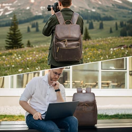 TIDING Genuine Leather Travel Backpack for Men Fits 15.6'' Laptop — view 2