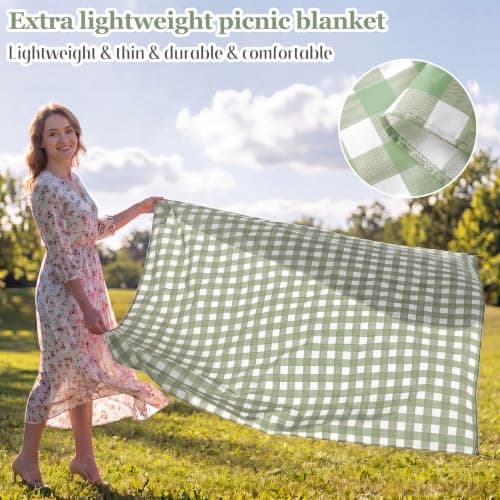 HunnmingRe Gingham Pocket Picnic Blanket Lightweight Portable, Sage Green — view 2