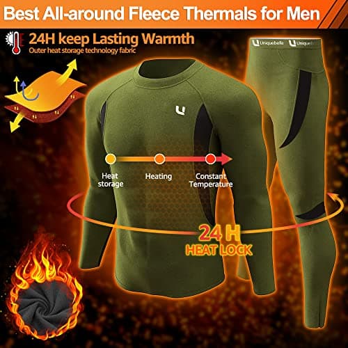 UNIQUEBELLA Mens Thermal Underwear Set Long Sleeve Tops Long Johns Thermal Base Layer Bottom Fleece Lined Quick Drying, Green 1, M — view 2