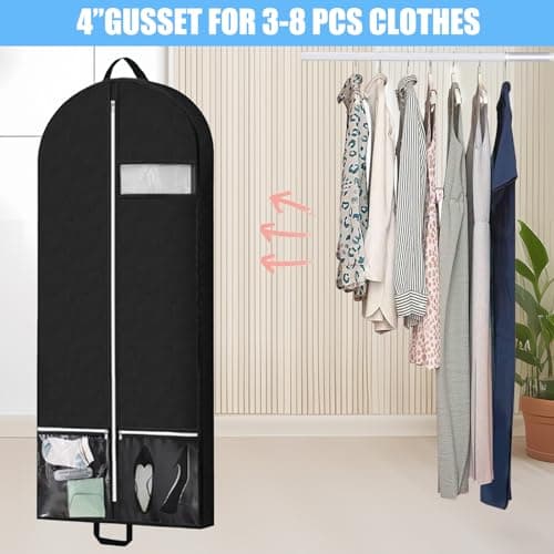 2 Pack Garment Bags for Hanging Clothes, 54x23x4 Inch Foldable Suit Cover with Clear Zipper Pockets & Handles, Heavy Duty Storage Carriers for Travel, Suit, Coat, Dress, Black — view 6