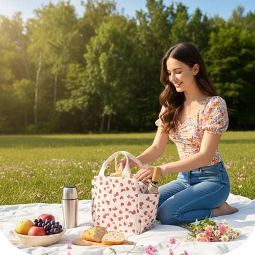 Arae Corduroy Insulated Lunch Bag Large Reusable Tote with Side Pockets Cooler Box for Work Picnic Travel Water Bottle Holder Collapsible Portable - Beige Heart — view 6