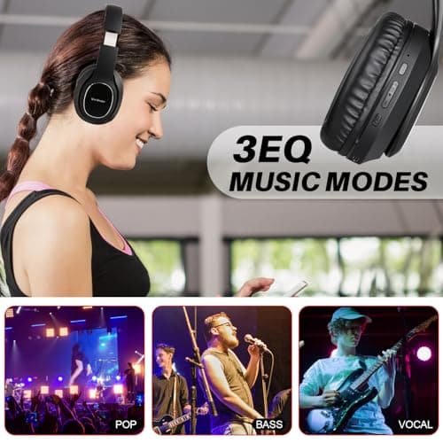 WorWoder 80Hrs Wireless Over Ear Headphones, Bluetooth 5.0 Wireless & Wired Mode, HiFi Stereo Sound with Mic, Lightweight Headset with Deep Bass for Work Travel Online Class (BLACK) — view 3