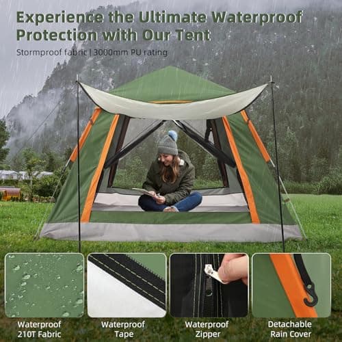 Aptliton Pop Up Tent Automatic, Camping Tent Waterproof Glow-in-the-Dark Pegs, Bug Netting & Convertible Door for Shade/Rain Protection Large 3-4 Person(200x200cm) — view 5