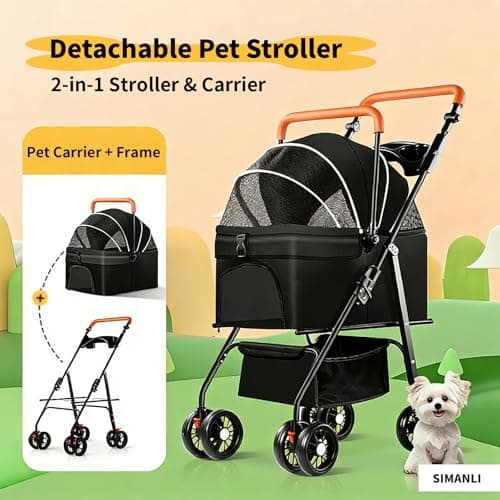 Simanli Pet Stroller for Small Cats Dogs Foldable 3-in-1 Dog Strollers Portable Puppy Trolley with 4 Wheels for Travel Camping Walk with Storage Bag(Black) — view 2