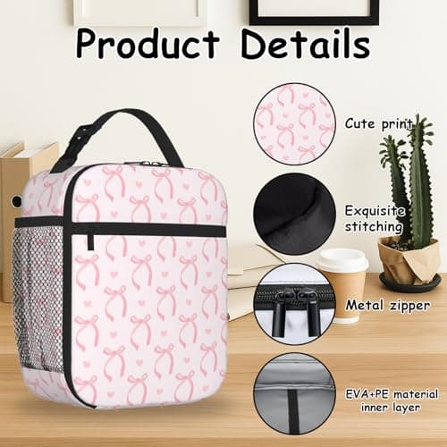 Insulated Lunch Bag for Women Girls, Cute Pink Butterfly Bow Girls Lunch Bag Reusable Leakproof Thermal Cooler Bags Adult Kid Packed Lunchbox for Work School Picnic Travel Beach Preppy Stuff Gifts — view 4