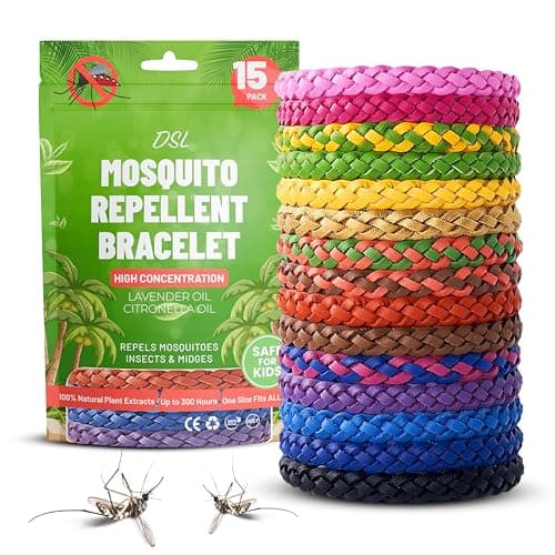 DSL Mosquito Repellent Bracelet 15 Pack, Insect Repellent Bracelet - 300 Hours Protection for Travel & Holidays, Deet-Free - Adjustable Mosquito Bands for Adults & Kids, Camping Essentials