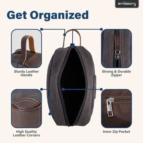 Emissary Men's Toiletry Bag Leather and Canvas Travel Toiletry Bag Dopp Kit for Men Shaving Bag for Travel Accessories, Gray, L — view 2