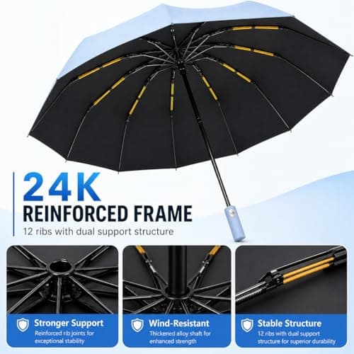 Exquisgoods 24K Sturdy Frame Windproof Umbrella Compact Automatic Travel Umbrella for Women & Men (Blue) — view 2