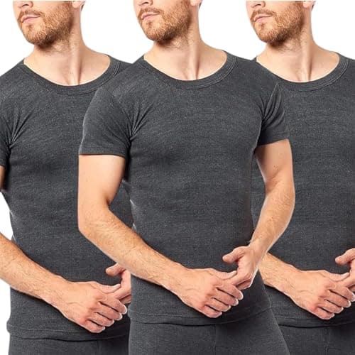 Crazy Fashion Pack of 3 Thermal Tops Men’s - Short Sleeve Plain Round Neck Mens Top Warm T-Shirt Underwear Baselayer Cotton Thermals (3 Pack - Charcoal, XL) — view 2
