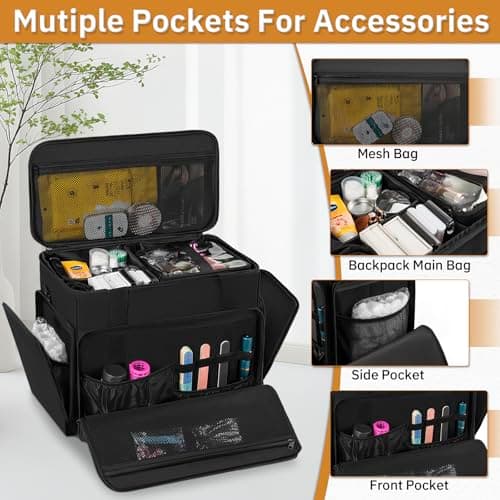 FREEAMG Extra Large Rolling Makeup Bag with 4 Removable Pouches, Professional Make up Train Bag with Wheels, Travel Cosmetic Bag for Hairstylists Makeup Artist with Detachable Trolley, Black, L, Only — view 4
