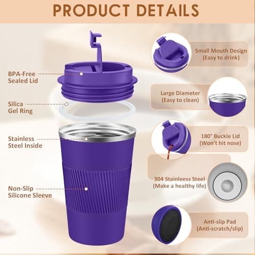 KETIEE Travel Mug Insulated With Leakproof Lid, Reusable Double Walled Coffee Cup, Stainless Steel for Hot Cold Drinks, 380ml Deep Purple — view 2