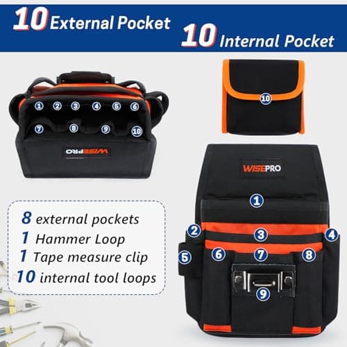 WISEPRO Tool Belt Bag, Waist Tool Pouch Set with Adjustable Nylon Belt, Multi-Pocket Tool Pouches 20-Pockets Tool Belt for Electrician, Carpenters, Gardeners, and Builders (Orange-Black) — view 3