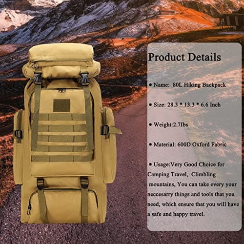 Dressfo 80L Hiking Camping Backpack,Hunting Climbing Backpack for Outdoor,Backpack Water Resistant,Tactical Backpack for Men Women (YELLOW) — view 5