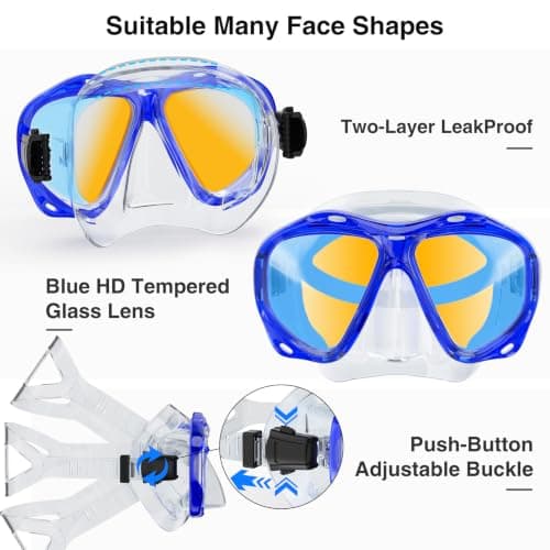 Snorkeling Gear for Adults, Snorkel Mask With Mirrored Tempered Glass Lens 180° Wide View Anti-Fog Scuba Diving Mask, Professional Snorkel Set for Swimming Diving (Clear Blue) — view 4