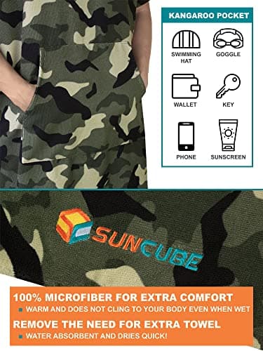 SUN CUBE Surf Poncho Changing Robe with Hood Thick Quick Dry Microfibre Wetsuit Changing Towel for Surfing Beach Swim Outdoor Sports Camo Green — view 3