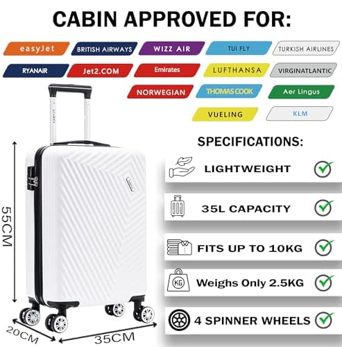 55x35x20 Cabin Suitcase Carry on Hard Shell Hand Luggage Cabin Bag Case Approved for Ryanair EasyJet 2 + Many More Small Fits 8kg-10kg 35 Litre Capacity 3 Digit Lock + Telescopic Handle Cabin Luggage — view 2
