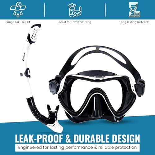 Two Bare Feet Dry Top Snorkel and Silicone Mask Set – Anti-Fog Wide View Tempered Glass Lens with Adjustable Silicone Straps – Leak-Proof Snorkelling Gear for Adults & Teens, Swimming & Diving — view 2