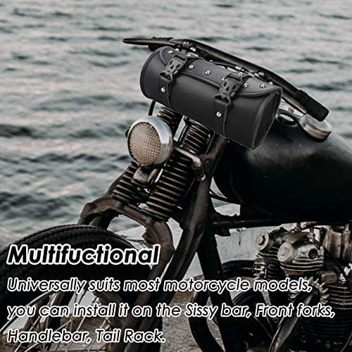 Wiipara Motorcycle Saddle Bag - Handmade PU Leather Handlebar Tool Bag, Round Barrel Shape Waterproof Roll Pouch With Straps for Scooter Front or Side (Medium) — view 6