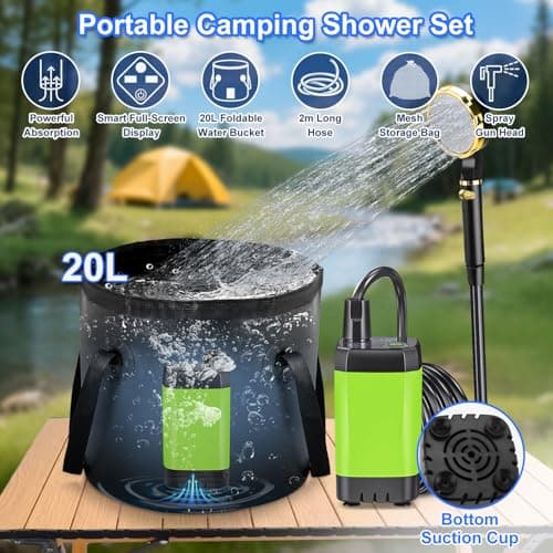 Anesty Portable Camping Shower Kit, 6000mAh Rechargeable Portable Shower Pump with Smart Display, 20L Foldable Bucket & Accessories for Outdoor Hiking, Travel, Car, Pet — view 2