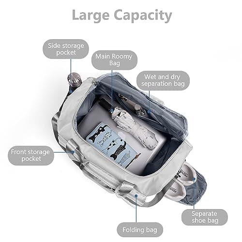 Flintronic Foldable Gym Duffel Bag - Lightweight Travel Overnight Weekend Holdall with Wet/Dry Separation - Grey — view 3
