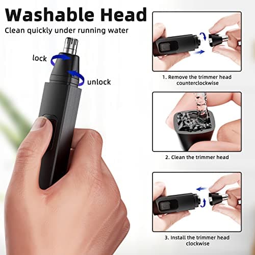 Nose Hair Trimmer, Rechargeable Cordless Painless Ear Eyebrow Trimming Tool Dual Edge Blades Razor Easy Cleansing with LED Light for Man Woman (Black) — view 6