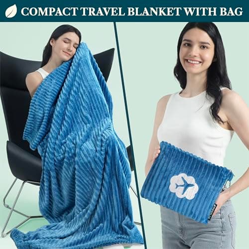 PAVILIA Travel Blanket Pillow in Soft Bag with Pockets, Airplane Set, Plane Compact Packable, Flight Essentials Car Pillow, Travelers Accessories Gifts, Luggage Strap, Turquoise, Sea Blue — view 2