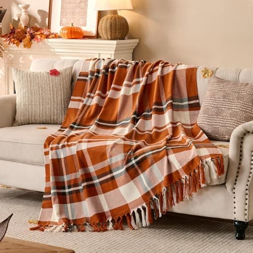 Lanpn Rust Plaid Throw Blanket, Cozy Soft Fall Fringe Blankets for Couch Sofa Bed, Lightweight Orange Checkered Throws Acrylic Cashmere Like Shawl, Autumn Thanksgiving Home Decor Gift, 130x150