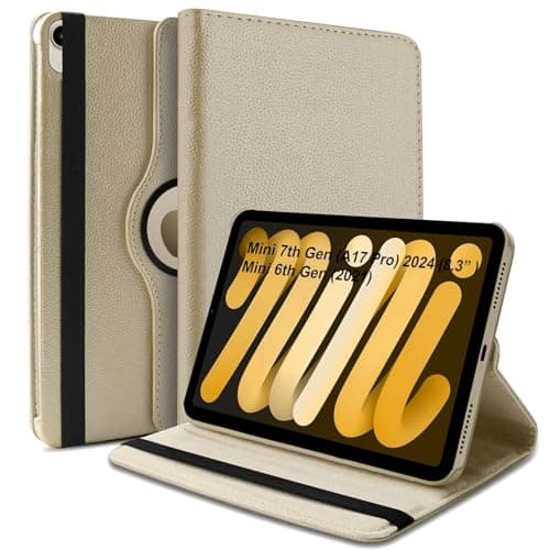 World biz Rotating Case for iPad mini (A17 Pro, 2024 Model, 7th Generation) / mini 6 (2021 Model, 6th Generation), 360 Degree Rotating Leather Protective Stand Cover, Auto Wake Sleep (Gold)