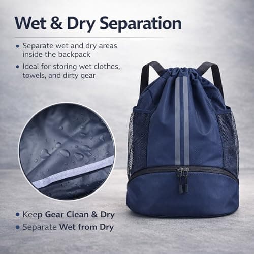 RubyTint Drawstring Gym Bag-Waterproof Sports Backpack with Shoe Compartment and Wet Dry Separation, Large Unisex Swimming Bag with Mesh Fabric and Adjustable Shoulder Straps (black) — view 5