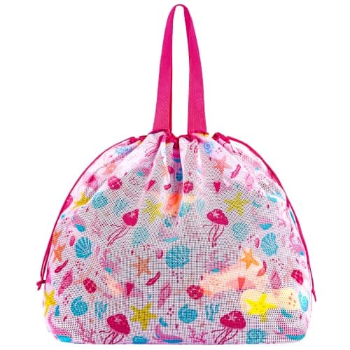 LAHAQIQI Extra Large Mesh Beach Toy Tote Bag with Drawstring- Foldable Lightweight Swimming Travel & Summer Essentials for Women Kids (Rose Red Seashell)