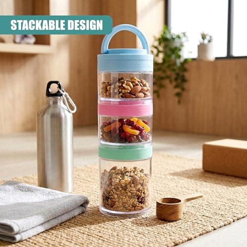 GEEZY 3 Piece Stackable Snack Pots with Lids & Removable Handle - Portable Tower, Travel Food Containers for Kids & Adults - Small Storage Jar Organisers for Nuts, Fruits, Lunch, Office, Camping — view 2