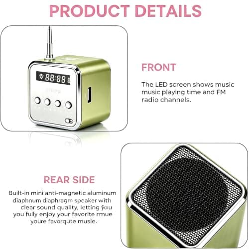 Mini Radio Bluetooth Speaker, Portable FM Radio, Outdoor Wireless Mini Speaker, Music Speaker, MP3 Player, Sound Station, USB, Line-In, Micro SD TF (Green) — view 2