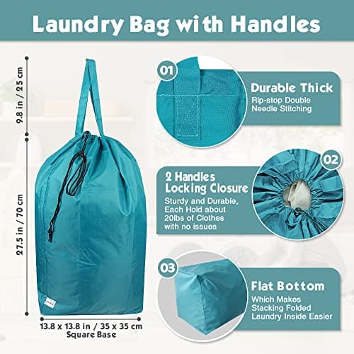 UniLiGis Tear Proof Nylon Laundry Bag with Handles (2 Pack),Travel Laundry Bag with Drawstring Closure,Dirty Clothes Bag Fit Most Laundry Hamper or Basket,27.5x34.5 in,Blue Aqua — view 2