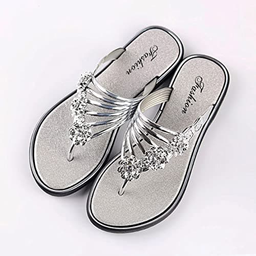 Women's Sparkly Flip Flops Diamante Sandals Glitter Slides Mules Thong Flat Shoes Summer Beach Travel Stylish Comfortable Lightweight Casual Holiday Footwear UK 4.5-6 (Silver, 6) — view 4
