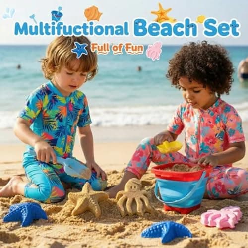 Beach Toy Set for Children, Including 1 Foldable Sand Bucket, Shovel, Rake, 3 Sand Moulds and Mesh Storage Bag, Sand Toys for Toddlers Aged 3+ — view 2